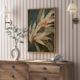 Teal Botanical Leaf Print, Cream Foliage Wall Art, Vintage Art Nouveau Poster, Dark Green Decor, Elegant Hallway Print - thumbnail 2