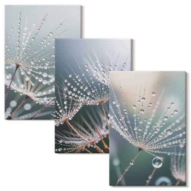 Canvas Wall Art Set Of 3 - Drops Water On The Delicate Shoots Dandelions, Blue Large, Plants & Flowers Decor - image 1