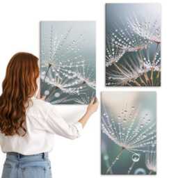 Canvas Wall Art Set Of 3 - Drops Water On The Delicate Shoots Dandelions, Blue Large, Plants & Flowers Decor - thumbnail 2