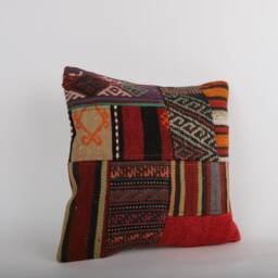 Vintage Turkish Kilim Pillow Cover 16'' Handwoven Wool Throw - thumbnail 2