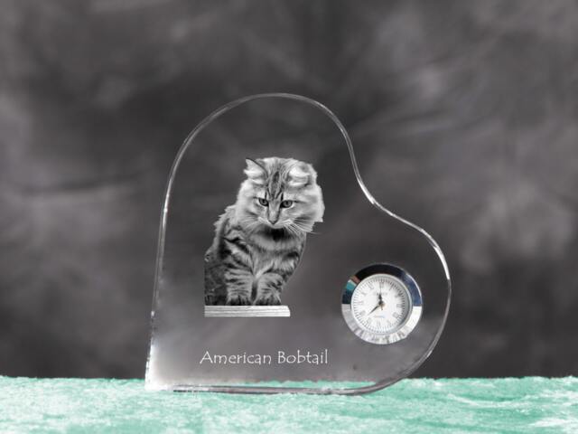 American Bobtail - Crystal Clock in The Shape Of A Heart With Image Pure-Bred Cat - image 1