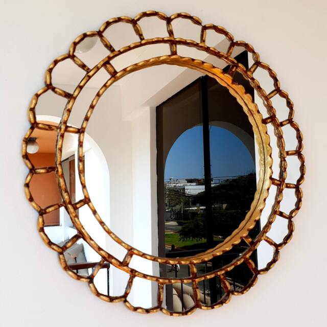 Peruvian Gold Cuscaja Mirror 50 cm Handmade Wall Decor - Carved Wood Round Elegant Statement For Living Room Bathroom - image 1