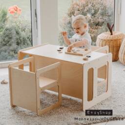 Montessori Table Kids, Wooden Or Toddler Chair, Step Stool Cube Chair Set Childrens Weaning - thumbnail 2