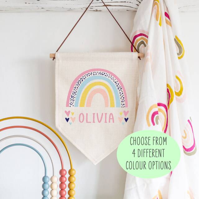 Personalised Kids Bedroom Sign - Custom Linen Flag Girls Decor Rainbow Nursery Hanging Wall Door Fabric Baby Pennant - image 1