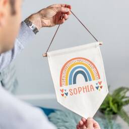 Personalised Kids Bedroom Sign - Custom Linen Flag Girls Decor Rainbow Nursery Hanging Wall Door Fabric Baby Pennant - thumbnail 2