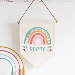 Personalised Kids Bedroom Sign - Custom Linen Flag Girls Decor Rainbow Nursery Hanging Wall Door Fabric Baby Pennant - thumbnail 3