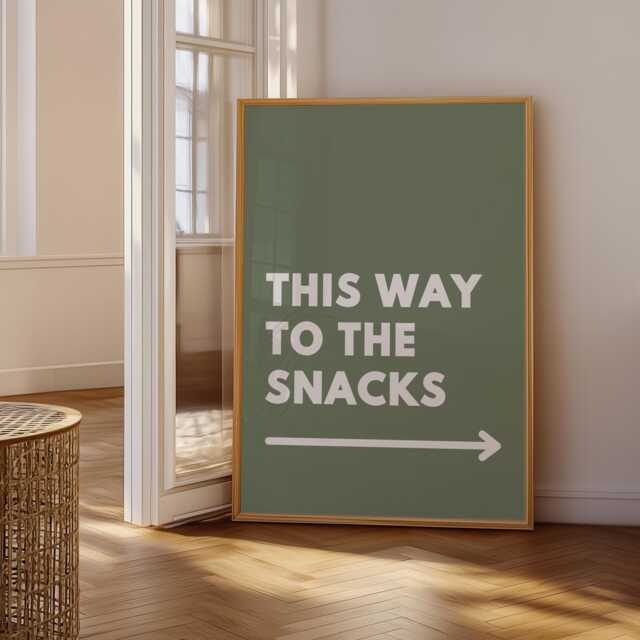 Snacks Print, This Way To The Gift For Foodie, Food Kitchen Wall Art, Colourful Trendy Poster Maximalist, Green 3004 - image 1