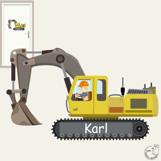 Customizable Excavator Door Sign Wall Decal - Construction Site Children's Room With Name Nameplate Sticker Hand-Drawn Made in Germany - image 1