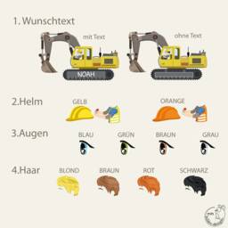 Customizable Excavator Door Sign Wall Decal - Construction Site Children's Room With Name Nameplate Sticker Hand-Drawn Made in Germany - thumbnail 2