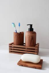 Wood Bathroom Accessories Set, Wooden Soap Dispenser, Toothbrush Holder, Dish