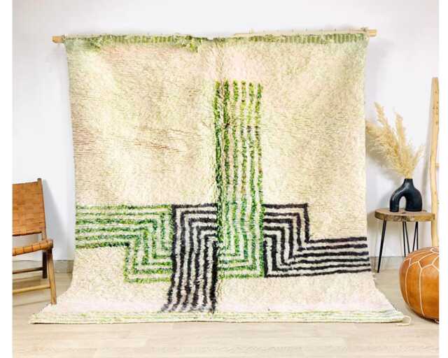 Modern Green & Black Line Moroccan Rug - Abstract Berber Design, Wool Shag Rug, Large Area - image 1