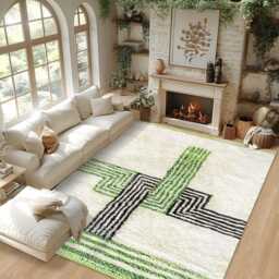 Modern Green & Black Line Moroccan Rug - Abstract Berber Design, Wool Shag Rug, Large Area - thumbnail 3