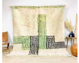 Modern Green & Black Line Moroccan Rug - Abstract Berber Design, Wool Shag Rug, Large Area - thumbnail 1