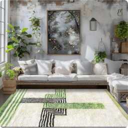 Modern Green & Black Line Moroccan Rug - Abstract Berber Design, Wool Shag Rug, Large Area - thumbnail 4