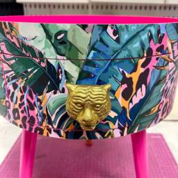 Hot Pink Wooden Coffee Table , Tropical & Orange Leopard Print Animal Floral Print. Round With Three Legs, Built in Drawer - thumbnail 3