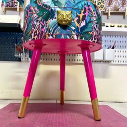 Hot Pink Wooden Coffee Table , Tropical & Orange Leopard Print Animal Floral Print. Round With Three Legs, Built in Drawer - thumbnail 4