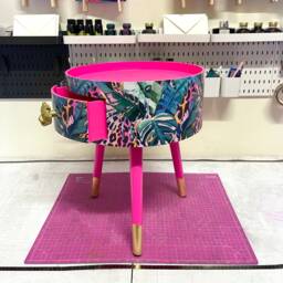 Hot Pink Wooden Coffee Table , Tropical & Orange Leopard Print Animal Floral Print. Round With Three Legs, Built in Drawer - thumbnail 2