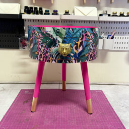 Hot Pink Wooden Coffee Table , Tropical & Orange Leopard Print Animal Floral Print. Round With Three Legs, Built in Drawer