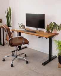 Industrial Style Height Adjustable Desk - Sit Stand With Electric Steel Base 4 Presets Rustic Reclaimed Wood Home Or Office Use