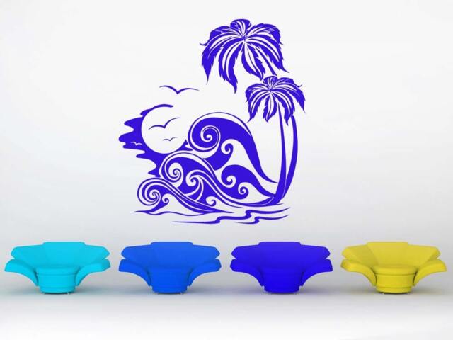 Ocean Waves Decal, Palm Tree Wall Decor, Coastal Art, Tropical Sticker, Nautical Birds Design, Seagull Artwork - image 1