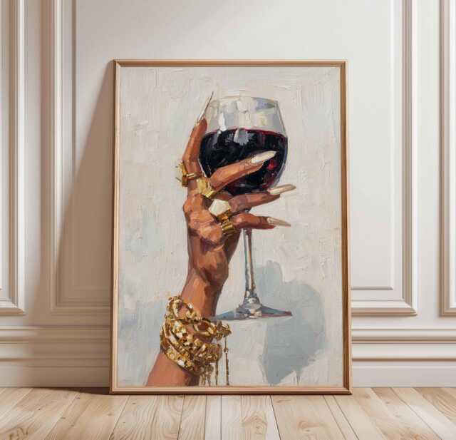 Luxury Wine Wall Art Poster, Modern Glam Figurative Print, Unframed Painting Style Decor, Woman Hand Holding Glass Of Red Artwork - image 1