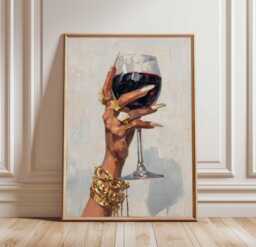 Luxury Wine Wall Art Poster, Modern Glam Figurative Print, Unframed Painting Style Decor, Woman Hand Holding Glass Of Red Artwork - thumbnail 1