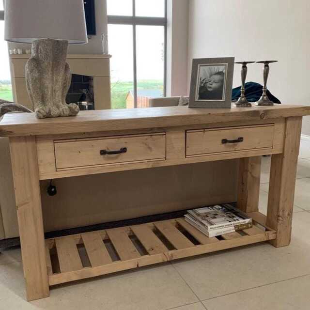 Solid Rustic Pine Sideboard Console Table With Chunky Legs. Farmhouse Style Finish 2 Drawers & Lower Shelf. Made To Any Size - image 1