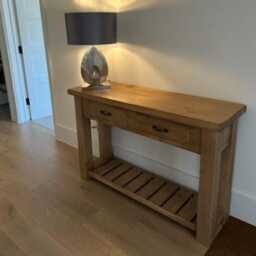 Solid Rustic Pine Sideboard Console Table With Chunky Legs. Farmhouse Style Finish 2 Drawers & Lower Shelf. Made To Any Size - thumbnail 2