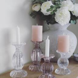 Set Of 2 Small & Large Chunky Glass Candle Holder With Pearl Edge Dusty Pink Or Clear - thumbnail 3
