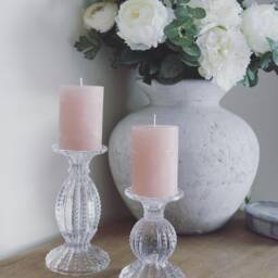 Set Of 2 Small & Large Chunky Glass Candle Holder With Pearl Edge Dusty Pink Or Clear - thumbnail 2
