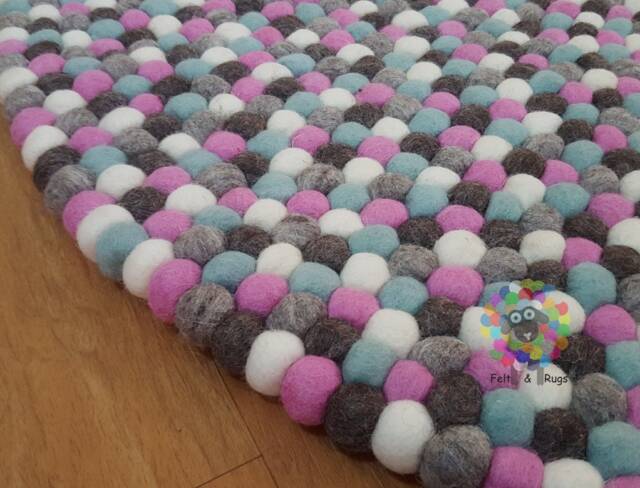 Handmade Felt Ball Rug Brown, Pink, Blue, & White Wool Carpet - image 1