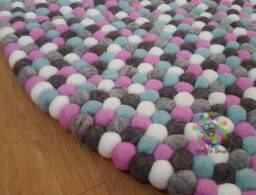 Handmade Felt Ball Rug Brown, Pink, Blue, & White Wool Carpet - thumbnail 1
