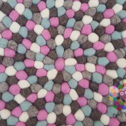 Handmade Felt Ball Rug Brown, Pink, Blue, & White Wool Carpet - thumbnail 2