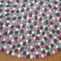 Handmade Felt Ball Rug Brown, Pink, Blue, & White Wool Carpet - thumbnail 3