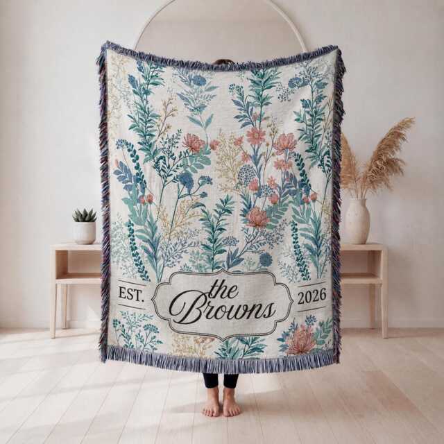 Personalized Woven Blanket, Custom Family Name Botanical Floral Throw Last Housewarming Gift - image 1