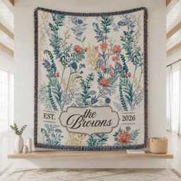 Personalized Woven Blanket, Custom Family Name Botanical Floral Throw Last Housewarming Gift - thumbnail 3