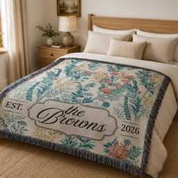 Personalized Woven Blanket, Custom Family Name Botanical Floral Throw Last Housewarming Gift - thumbnail 2