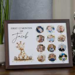 Customised Baby's First 12 Months Photo Frame, A4 Framed Print & Printed Photos With Cute Giraffe Them - thumbnail 3