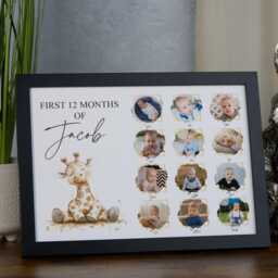 Customised Baby's First 12 Months Photo Frame, A4 Framed Print & Printed Photos With Cute Giraffe Them - thumbnail 1