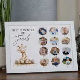 Customised Baby's First 12 Months Photo Frame, A4 Framed Print & Printed Photos With Cute Giraffe Them - thumbnail 2