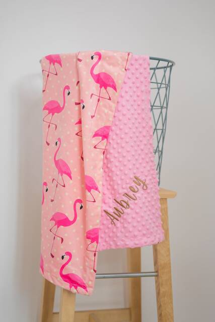 Personalized Flamingo Baby Blanket, Dot Minky, Newborn Girl Gift - image 1