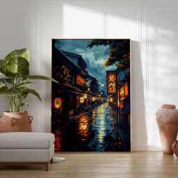 Japanese Street Art Print, Rainy Night Poster, Traditional Kyoto Wall Art, Modern Asian Decor, Lantern Alleyway Painting Print - thumbnail 2