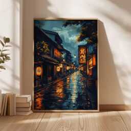 Japanese Street Art Print, Rainy Night Poster, Traditional Kyoto Wall Art, Modern Asian Decor, Lantern Alleyway Painting Print - thumbnail 3