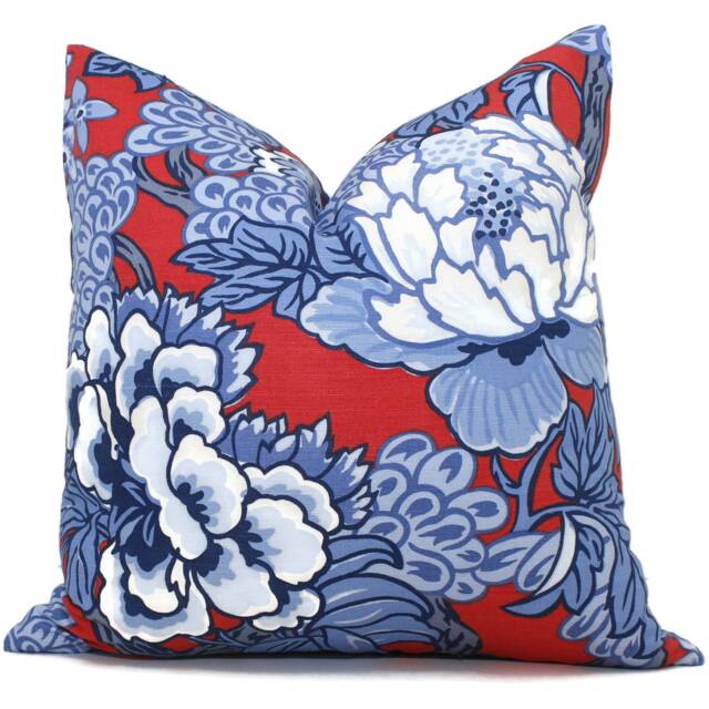 Red & Blue Chinoiserie Floral Pillow Cover Thibaut Honshu Fabric - image 1
