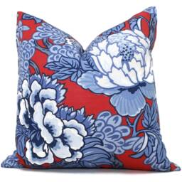 Red & Blue Chinoiserie Floral Pillow Cover Thibaut Honshu Fabric - thumbnail 1