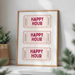 Happy Hour Ticket Print, Fun Kitchen Wall Art, Retro Playful Poster, Bar Card Decor, Postive Aesthetic Print - thumbnail 1