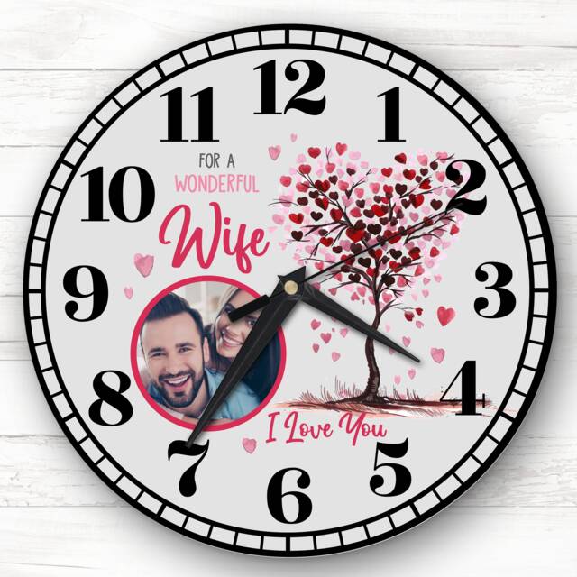 Wife Tree Photo Valentine's Day Gift Anniversary Grey Personalised Clock - image 1
