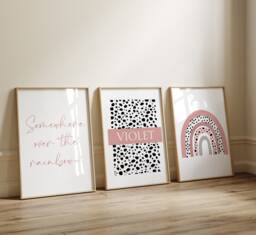 Rainbow Prints, Dalmatian Print Nursery Dusty Pink, Girls Wall Decor, Art, Set Of 3 Prints, Kids Prints - thumbnail 1
