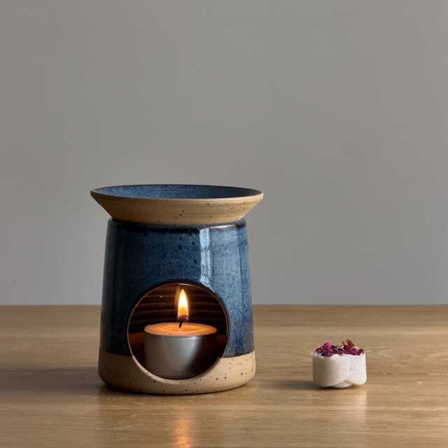 Handmade Stoneware Blue Oil Burner - Artisan Candle Holder Ceramic Melter Pottery Wax Melt Burner- Essential Aromatherapy Gift - image 1