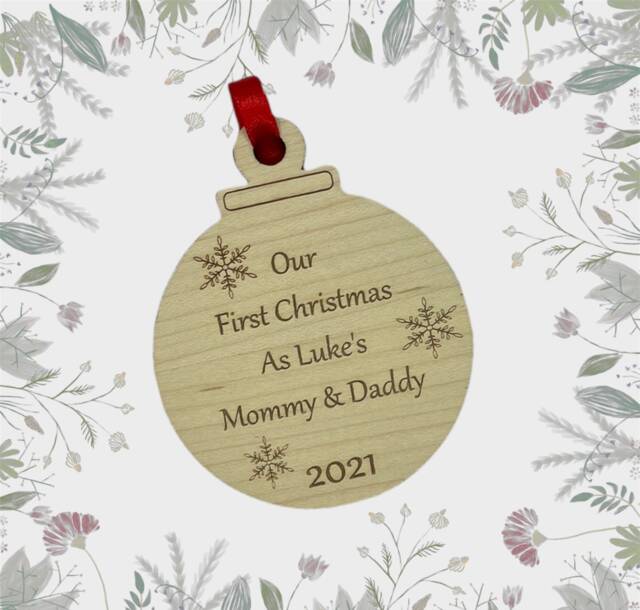 Personalised First Christmas Mummy & Daddy Bauble Gift, Wooden Engraved 1st As New Parents, Christmas, Parent - image 1